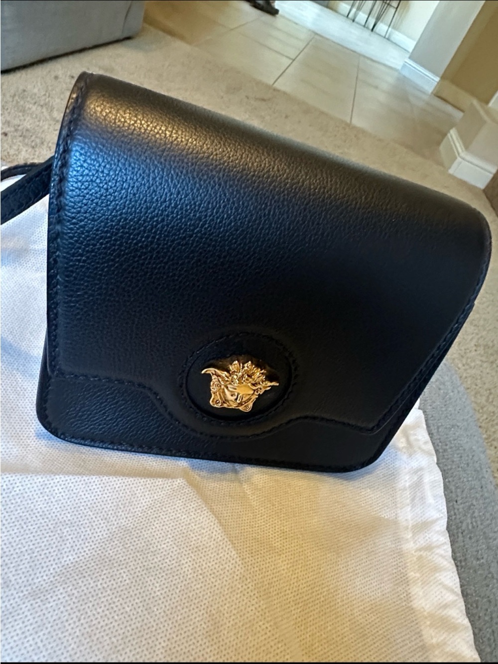 Versace Black Leather Crossbody with Gold Medusa Emblem